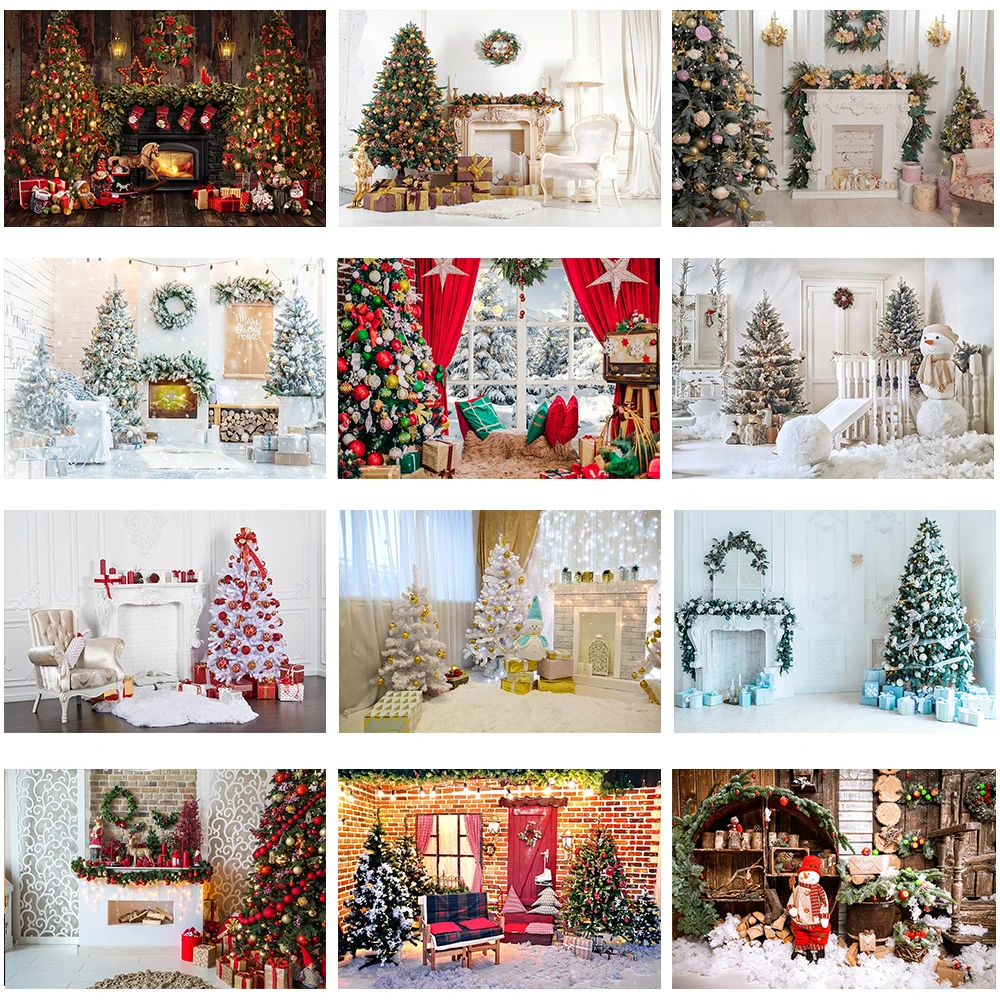 Christmas Party Fireplace Props For Photography Backdrop Christmas Tree Winter Snow Family Portrait Photo Background Banner