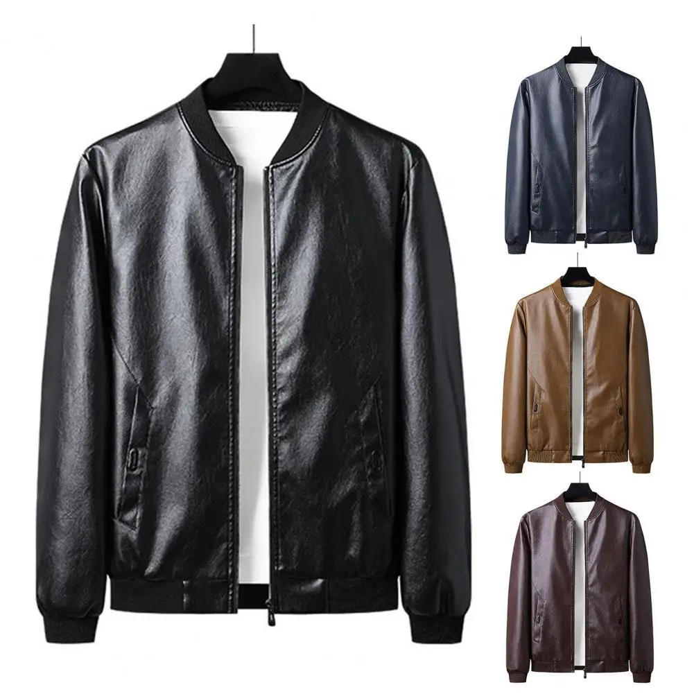 

Biker Jacket Solid Color Faux Leather Plush Slim Autumn Coat for Motocycling