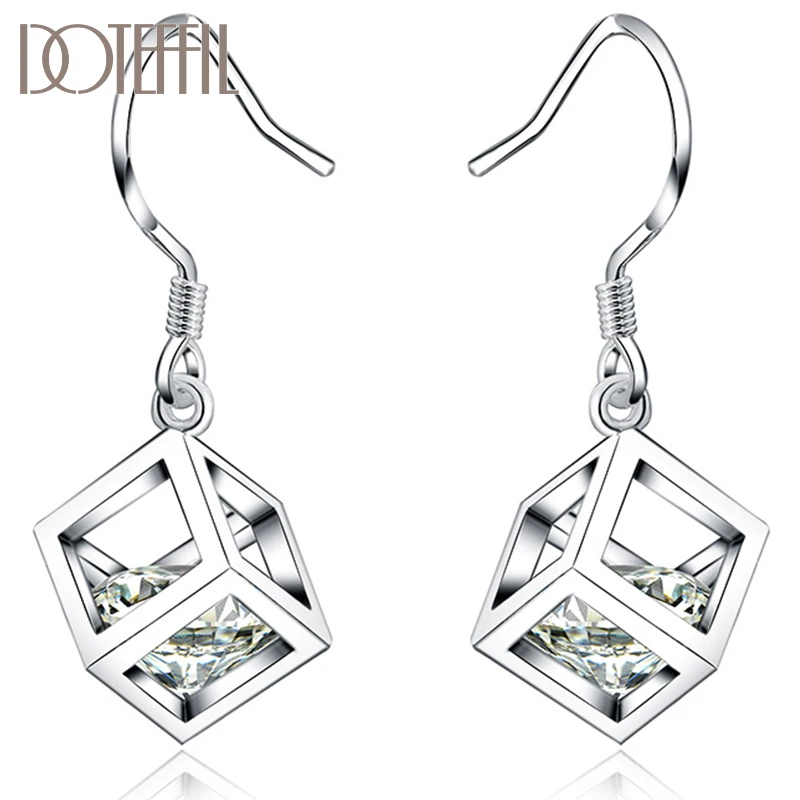 DOTEFFIL 925 Sterling Silver Square AAA Zircon Earring For Women Lady Wedding Engagement Party Fashion Jewelry