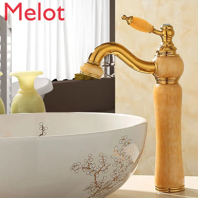 

European-Style Copper Natural Jade Table Basin Hot and Cold Water Faucet Golden Table Basin Rotating Heightened Faucet