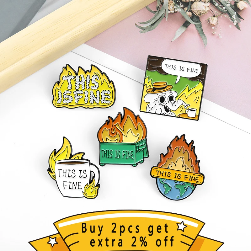 Cartoon Dog Coffee Fire Cup Enamel Pin Unique Brooches This Is Fine Lapel Pins Badge Shirt Bag Funny Animal Jewelry Gift For Fan