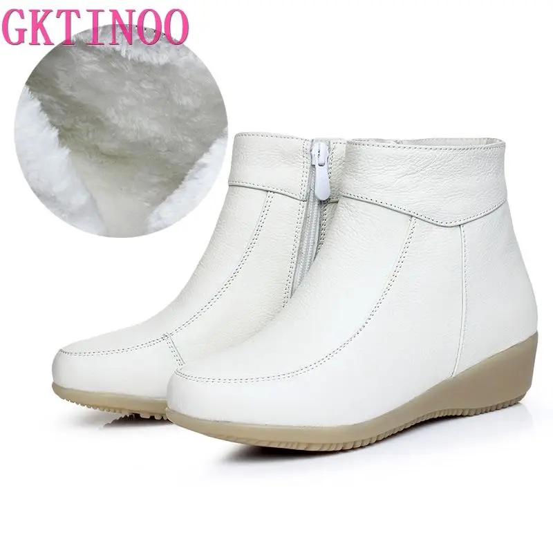 GKTINOO Genuine Leather Cow Women Ankle Boots Warm Fur Waterproof Slip on Wedge Comfortable Booties Autumn Winter Shoes Non Slip