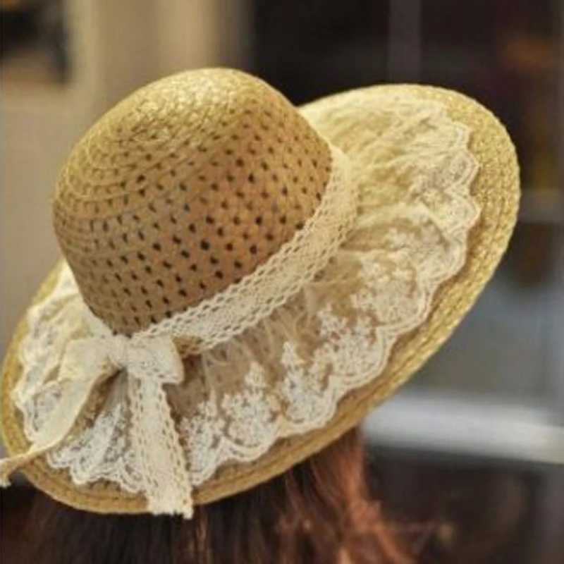 Parent-child Summer Women\'s Sun Hat Bucket cap beige lace Bowknot Flowers Ribbon Flat top Straw Hats Beach Caps Panama seaside