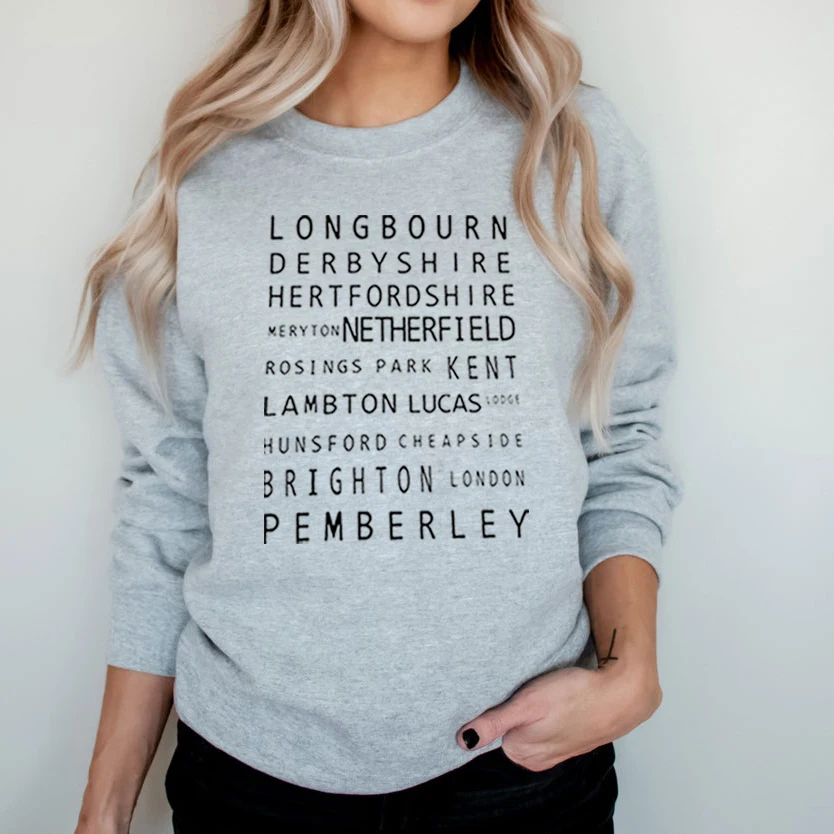 Women Pride and Prejudice Locations Typography Sweatshirt Jane Austen Hoodie Pride and Prejudice Crewnwck Sweatshirts