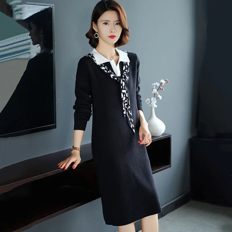 Fashion Elegant Retro Vintage British University Style Sailor Collar High School Uniform Slim Knitting Dress Women