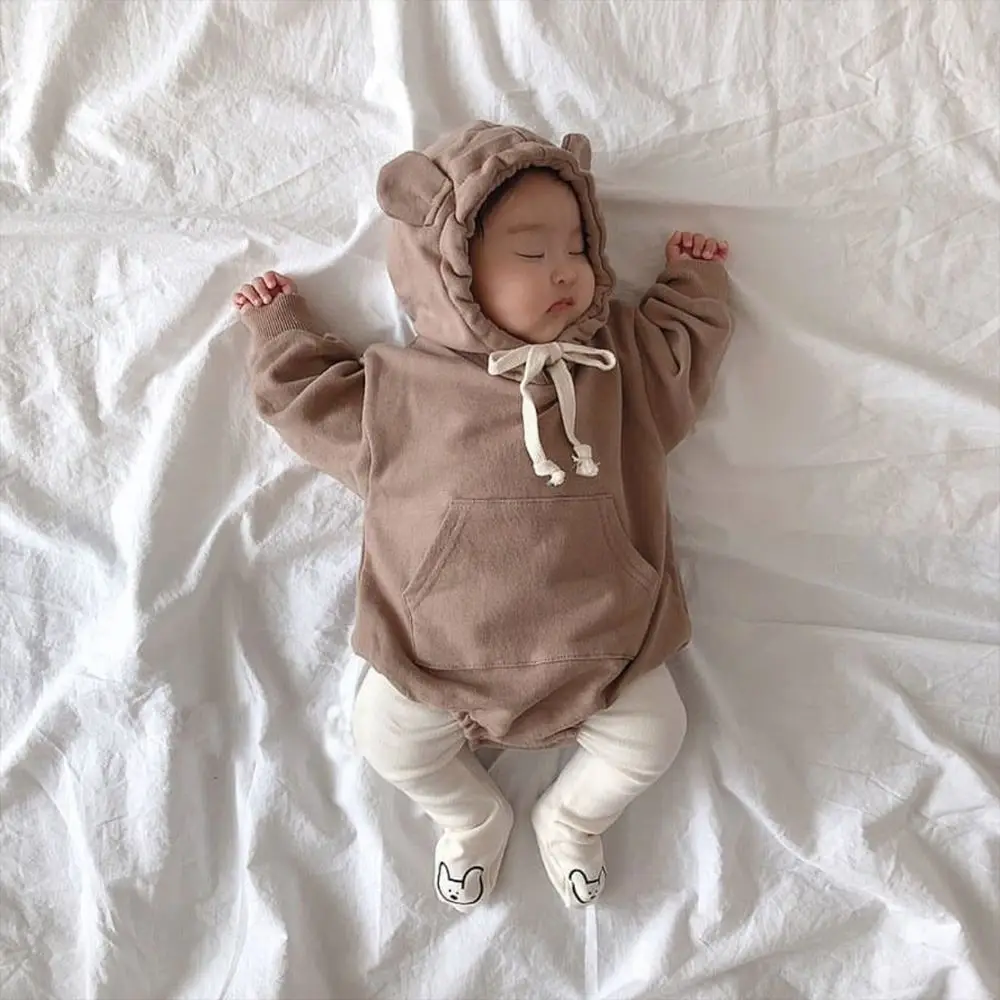 2024 Autumn New Children's Clothing Baby Bodysuits Kid Boys Bear Ears Hooded Jumpsuit Cotton Long Sleeve Baby Girl Bodysuit