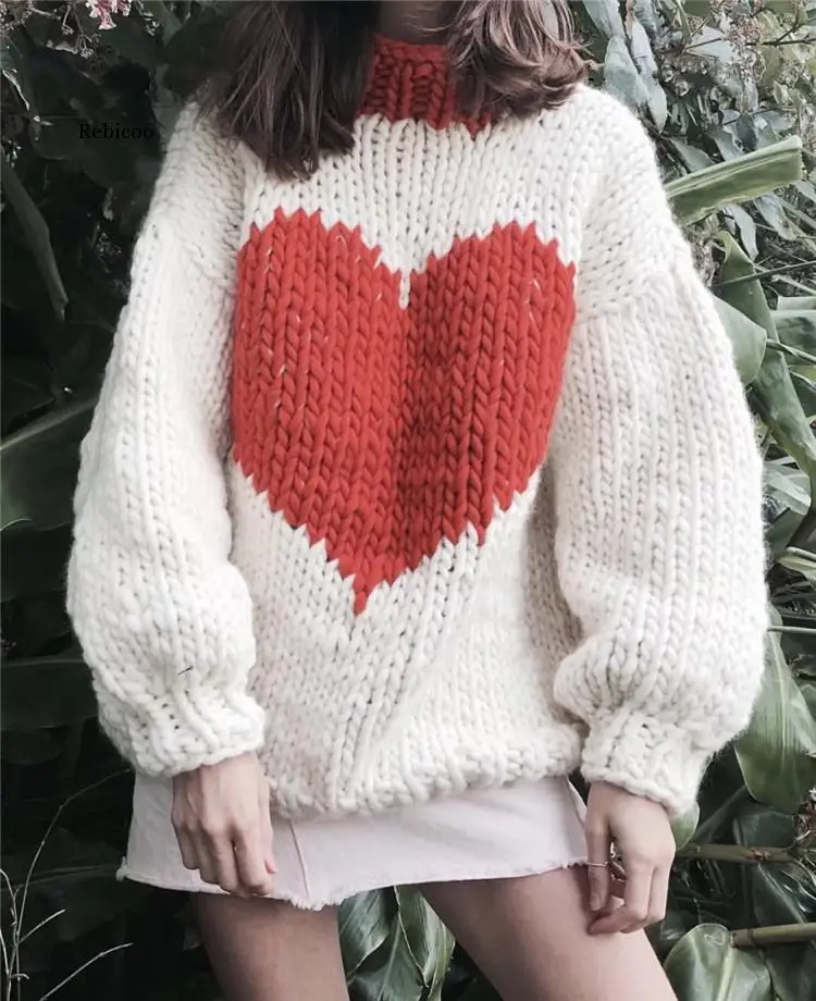 

Vintage Women Chunky Yarn Heart Sweater Autumn Winter Long Sleeve Knitted Pullover Sweater Oversized Ladies Jumpers Tops pull