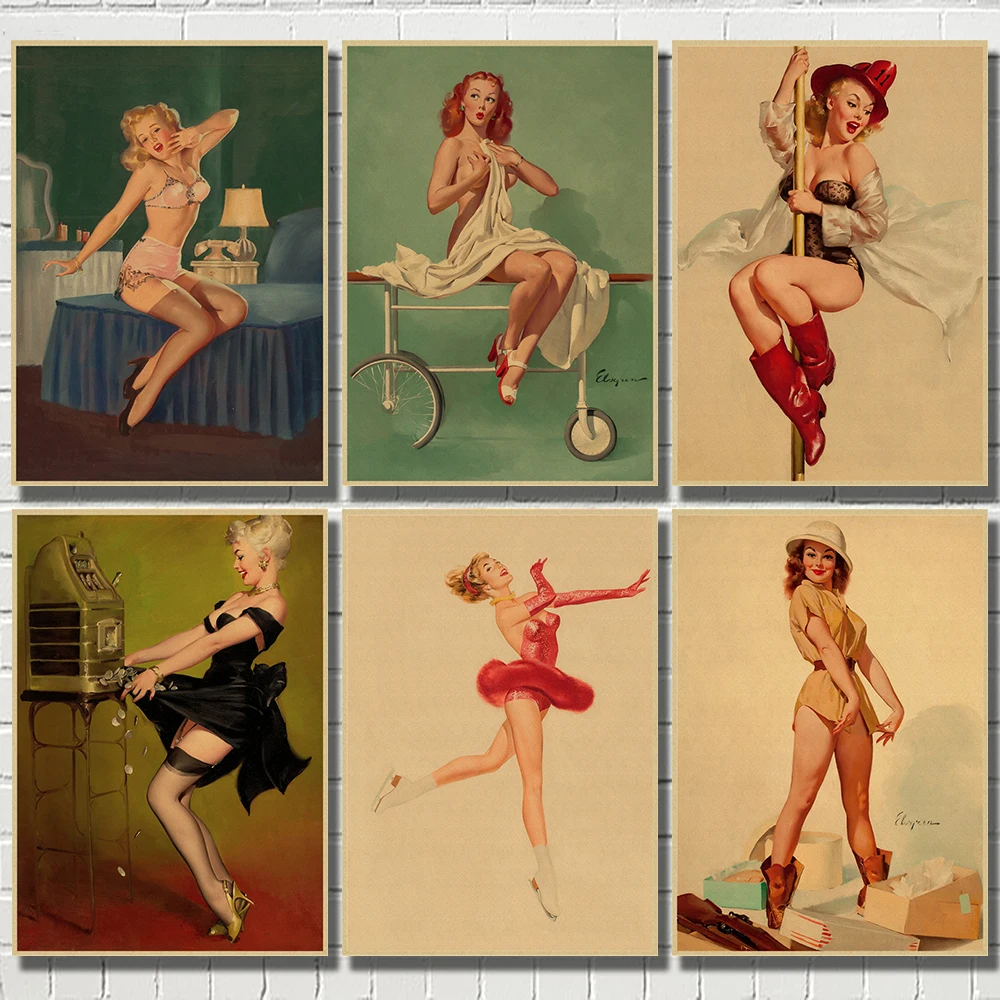 Pinup Girls Series 4 World War II Vintage Kraft Paper Classic Poster Bar Cafe Living Room Dining Wall Decorative Paintings