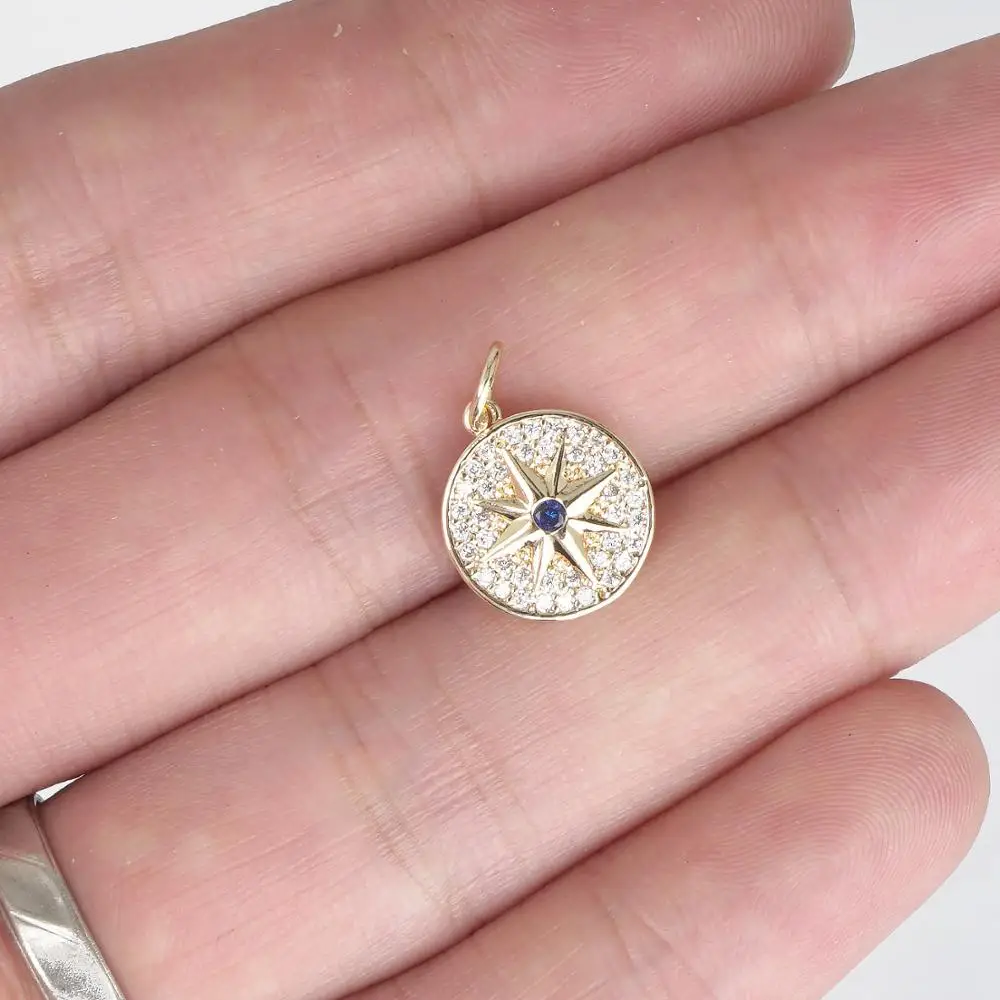 14K Real Gold Plated 11mm Round Brass Charm Pendants Cubic North Star Pendants Zircon Pendant 1 Piece 10331105