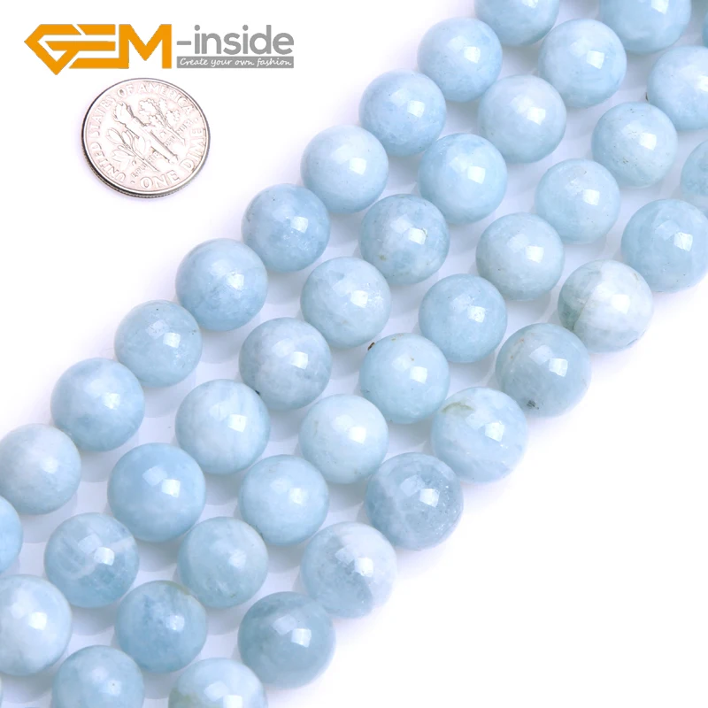 Natural Round Blue Aquamarines Semi-precious Stone Natural Beads DIY For Jewlery Making Strand 15\