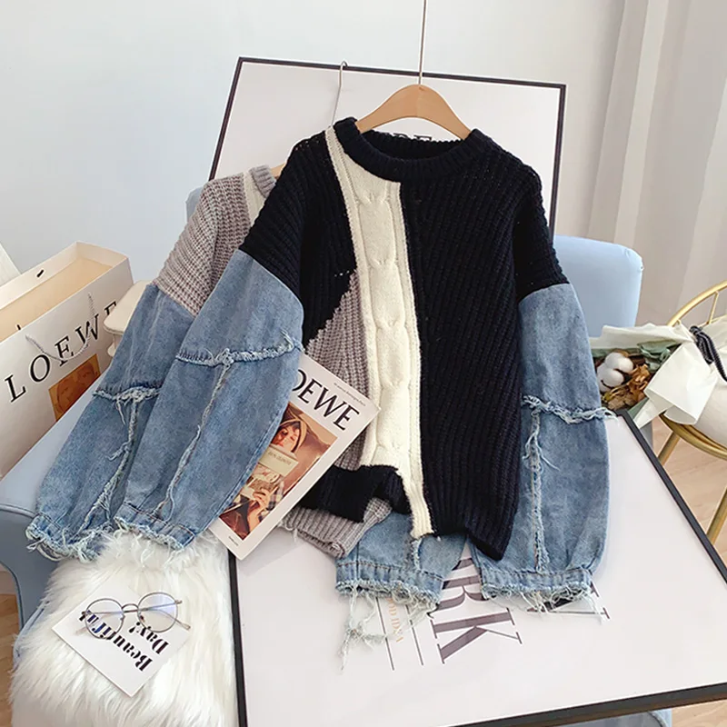 Round Neck Long Sleeve Denim Frayed Patchwork Mohair Knitted Women's Sweater 2022 Winter Vintage Loose Pullover Female Jumpers