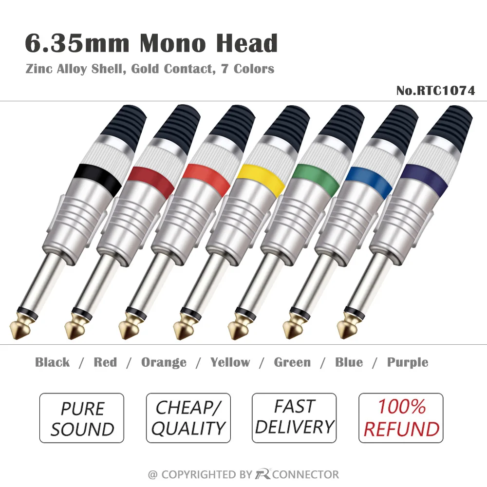 Mono sophomore core Jack 6.35mm with gold plated 7colors Audio Connector 6.35 mm Plug