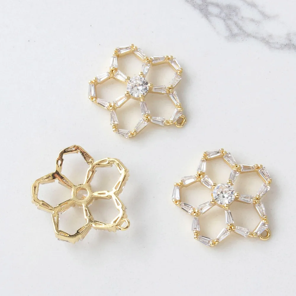 2PCS 14k Gold Plated Jewelry Findings Components Making Supplies Five Petal Zircon Pendant DIY Hand Made Accessories