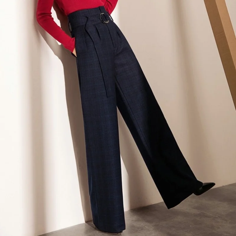 Women Spring Casual Wide Leg Pants Fashion Plaid High Waist Loose Straight Suit Pants Pockets Sashes Elegant Trousers Female