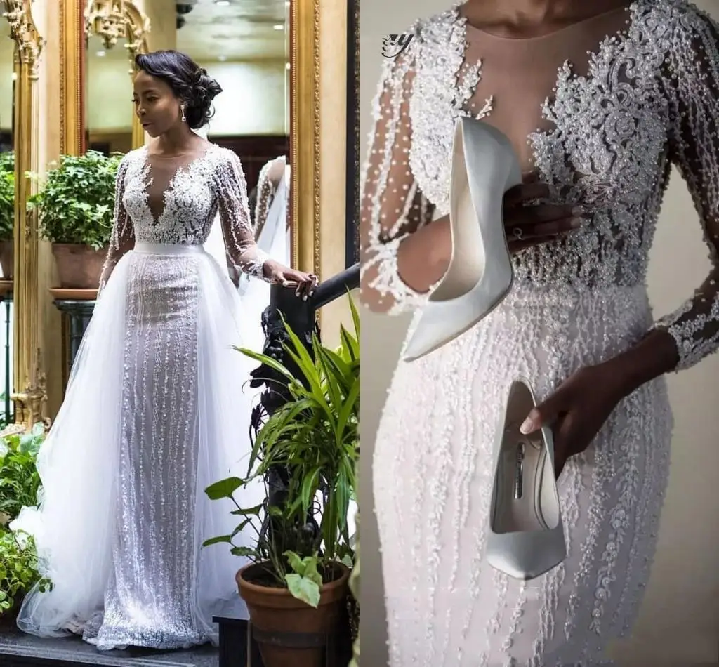 

Luxury Pearls African Lace Long Sleeves Mermaid Wedding Dress Detachable Train 2023 Illusion Tulle Applique Beaded Wedding