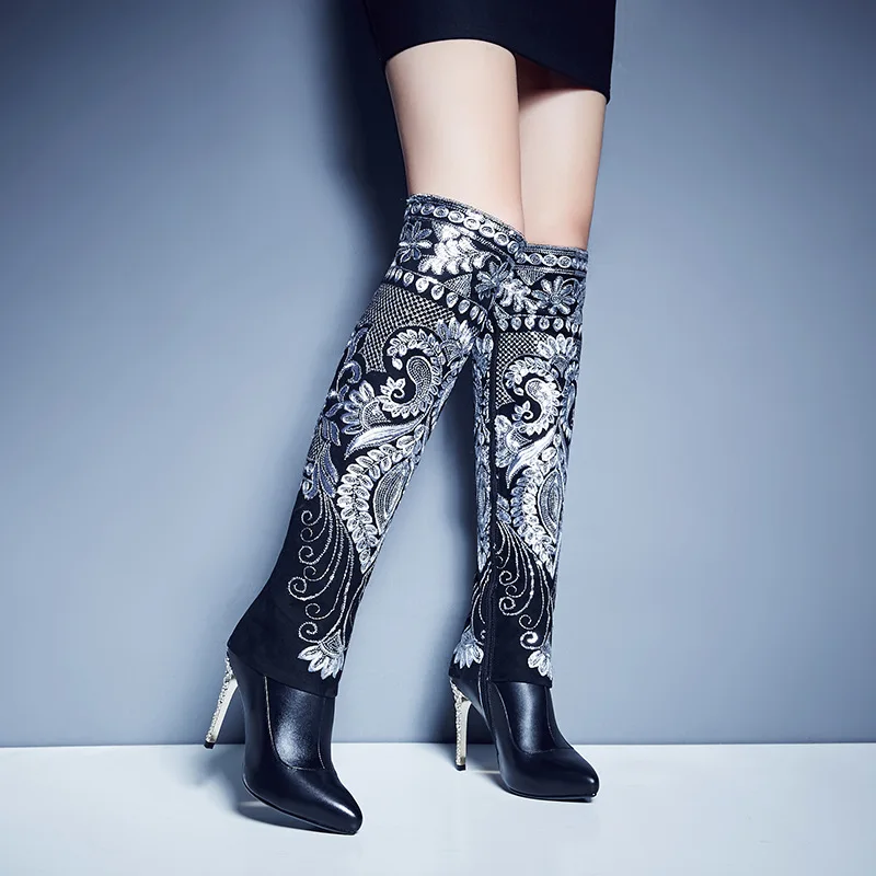 Fashion Folk Totem Embrodiery Thigh Boots Cow Leather Plated Thin High Heels Over Knee Boots Women Pointed Toe Winter Boots