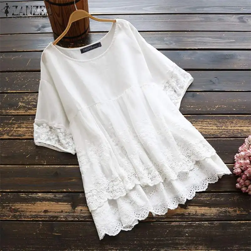 Women\'s Lace Stitching Blouse 2023 ZANZEA Embroidery Shirts Short Sleeve Solid Blusas Female Layers Summerb Tunic