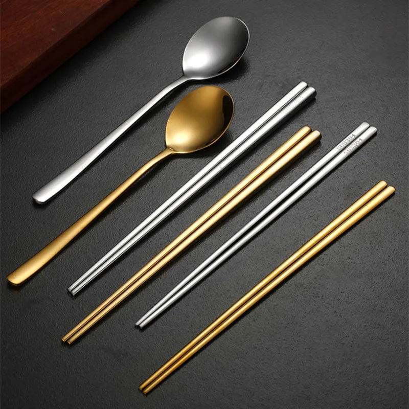 304 Stainless Steel Chinese Chopsticks Gold Silver Spoon Tableware Food Noodles Sushi Chopsticks Kitchen Tableware Accessories