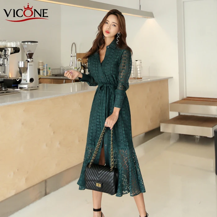 

VICONE Women Autumn Long Sleeve Lace Dress Beach Vintage Maxi Patchwork Vintage Dresses Boho Casual Belt Dress Robe Femme