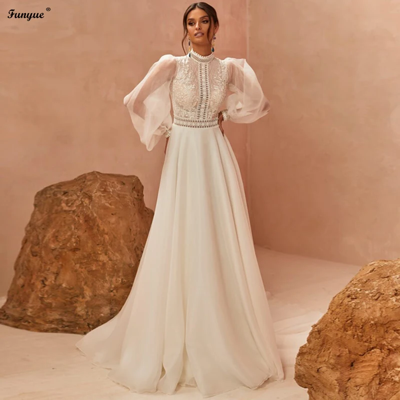 Robe de mariée française à manches longues, appliques en dentelle, robes de mariée simples A-Line, robe de patients, 2024