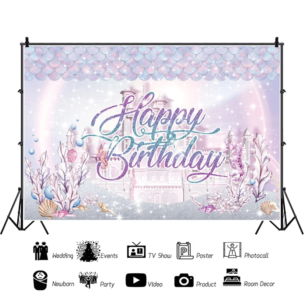 Laeacco Fairytale Mermaid Wonderland castello subacqueo fotografia baakearth buon compleanno ritratto di bambino fondali personalizzati