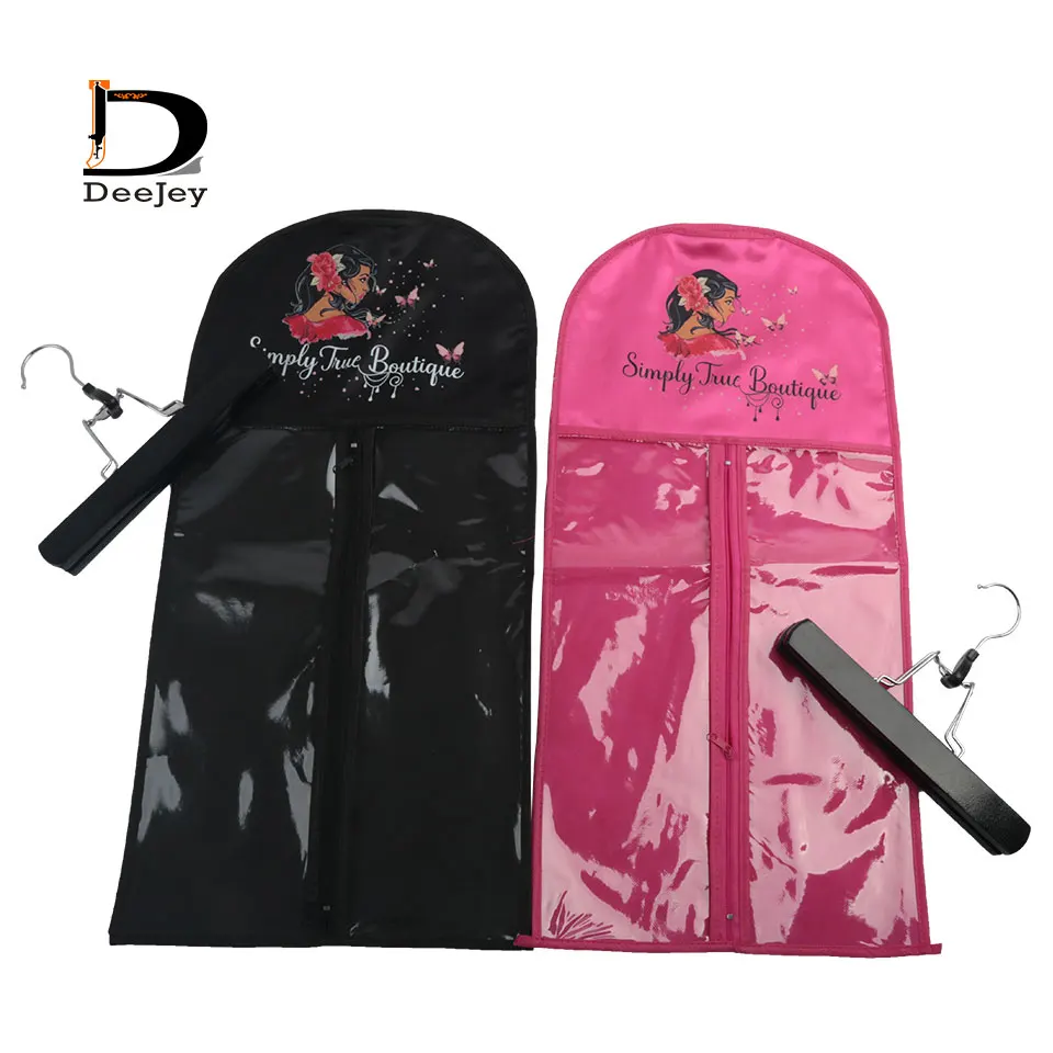 Custom logo printing virgin hair wigs extension bundles display bag and hanger, dust protect polyester bag and hanger