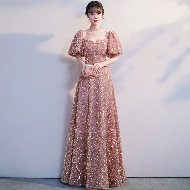 

Women Sequins Party Dresses Puff Sleeve Square Collar Long Dress Elegant A Line Formal Gowns Vestidos