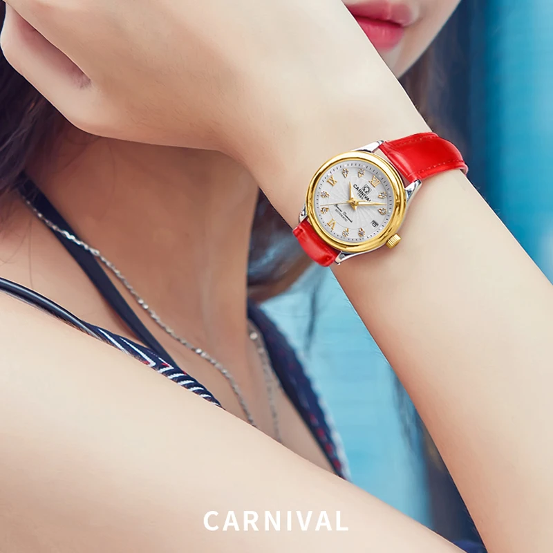 Relojes de lujo de marca CARNIVAL para mujer, reloj de pulsera mecánico automático con calendario de zafiro resistente al agua a la moda para mujer,