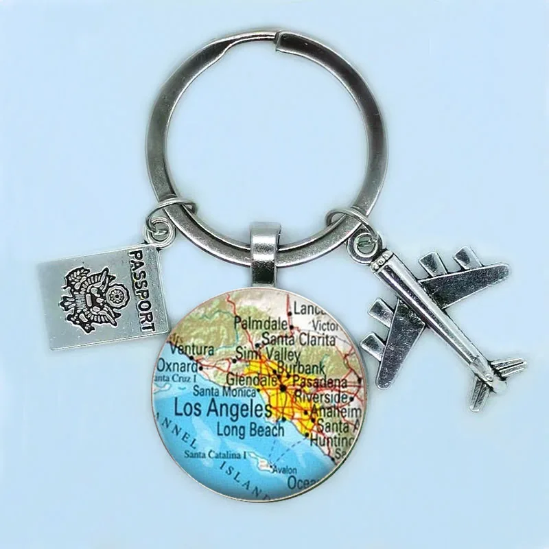 New 25mm World Travel City Map Aircraft Keychain New York Florence Finland Los Angeles Africa United Kingdom Native Map Badge Ke