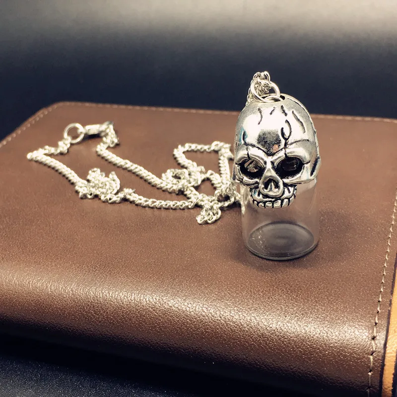 Unique Wish Bottle Necklace Men Skull Pendant Can Open Pet Urn Necklace Hair Collection Collectors Perfume  Bottle Necklace