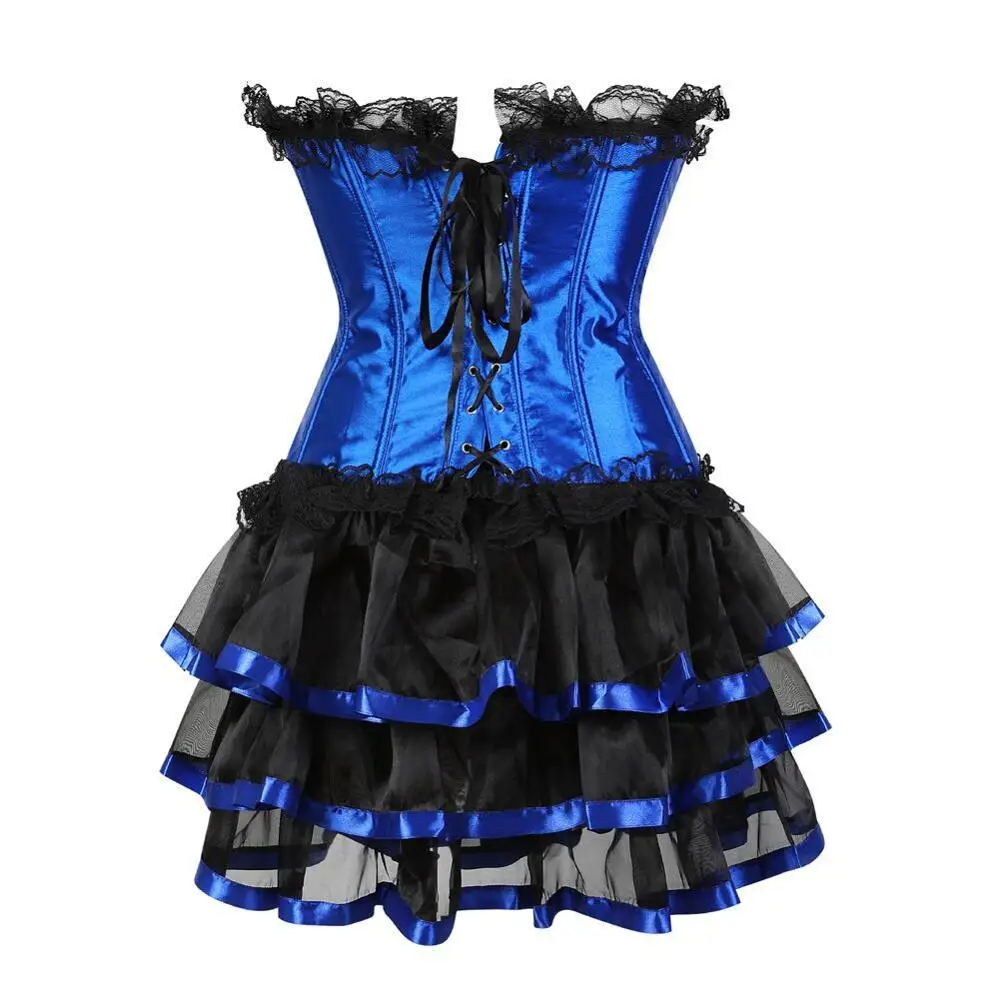 Plus Size S-6XL  New Black/Purple/Blue/Red Lace Up Sexy Top Boned Satin Corset Bustier + skirt