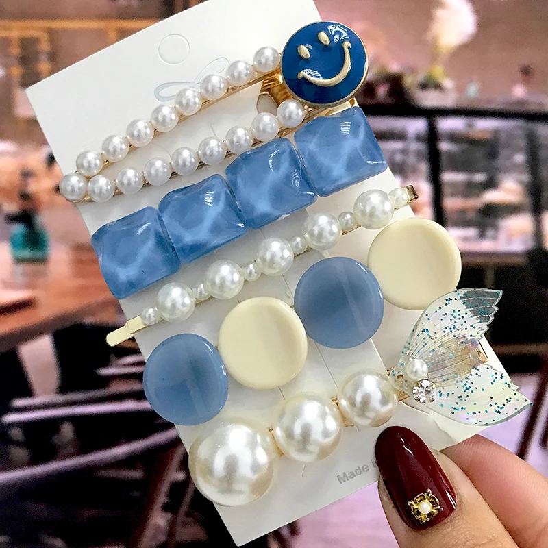 5Pcs/Set Fashion Smiley Pearl Hair Clip For Women Girl Geometric Acetate Barrettes Hairpin Headwear Hair Accessories 2022 Trendy