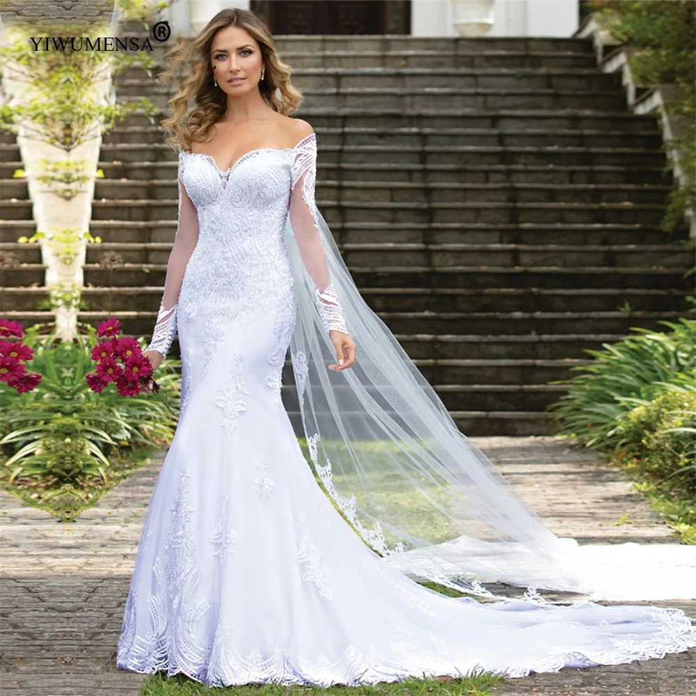 Abito Da Sposa Appliques Del Merletto di Lusso Della Sirena Abiti Da Sposa 2020 Lungo Maniche Al Largo Della Spalla Abito Da Sposa Robe De Matrimonio