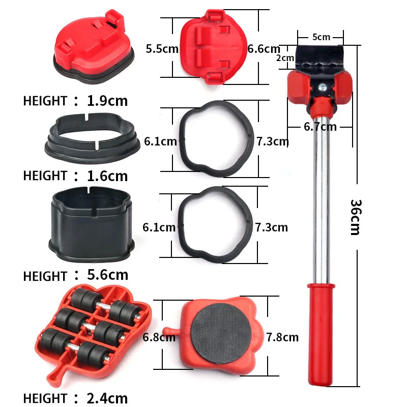 Juego de Herramientas para Mover muebles, elevador de transporte de cosas pesadas, barra de rodillo con rueda móvil, herramientas manuales, 5 piezas