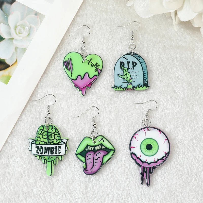 1 Pair Halloween Drop Earrings Creepy Zombie Brain Heart Mouth Eyeball and R.I.P Jewelry Flatback Acrylic Holiday Gifts