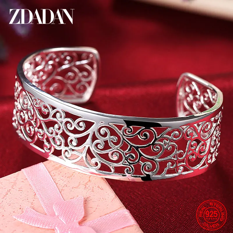 ZDADAN 925 Sterling Silver Hollow Out Texture Open Cuff Bracelet&Bangles For Women Men Party Jewelry Wedding Gifts