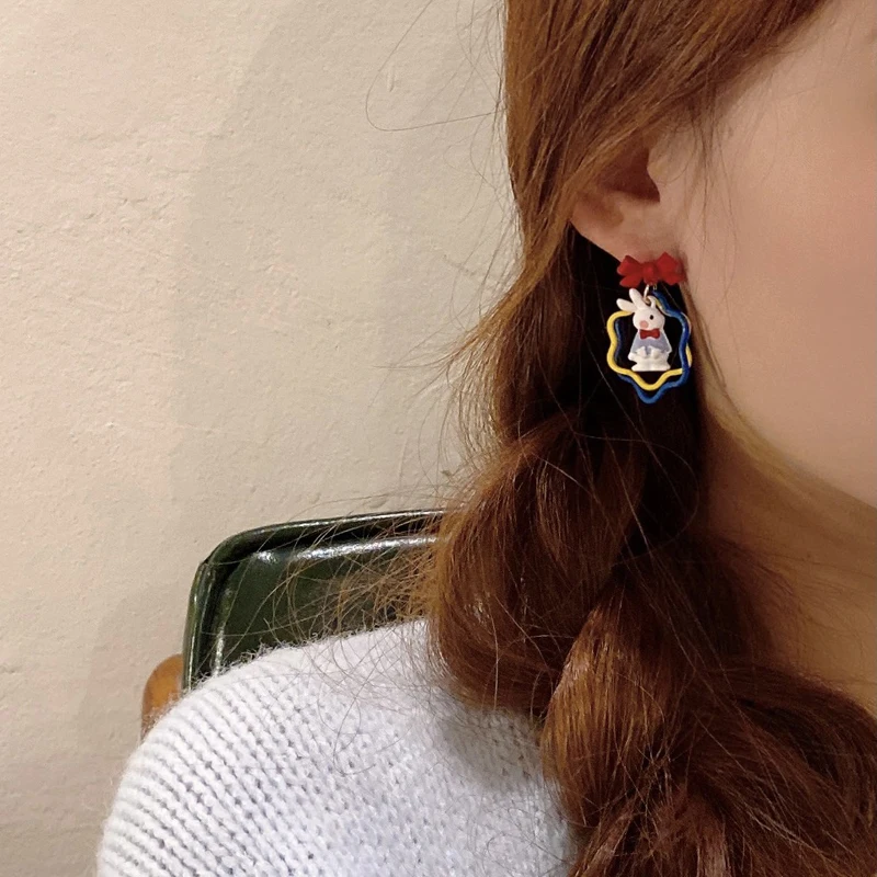 925 Silver Needle Cute Jewelry Bownot Little Rabbit Earrings New Trend Lovely Blue Yellow Drop Earrings For Women Accessories