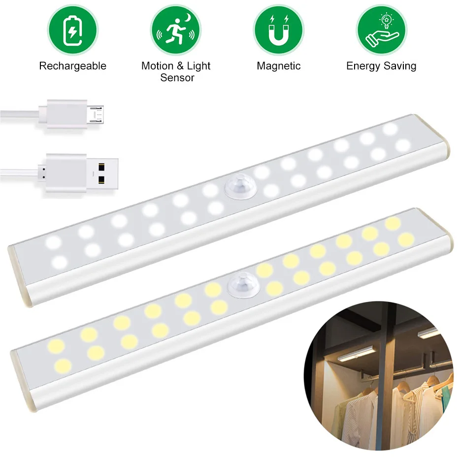 LED Closet Light USB Rechargeable PIR Motion Sensor LED Under Cabinet Light 24 40 60 LEDs Kitchen Lamp for Wardrobe Room