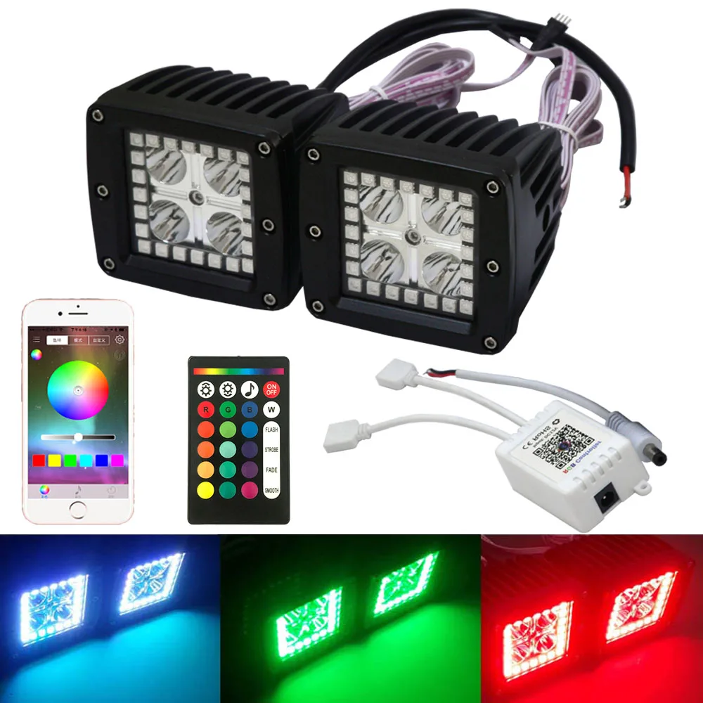 20W Car DRL RGB Daytime Running Lights 5050 LED Fog Lights Off-Road Vehicle Work Lights APP Bluetooth Square For Jeep Ford F150