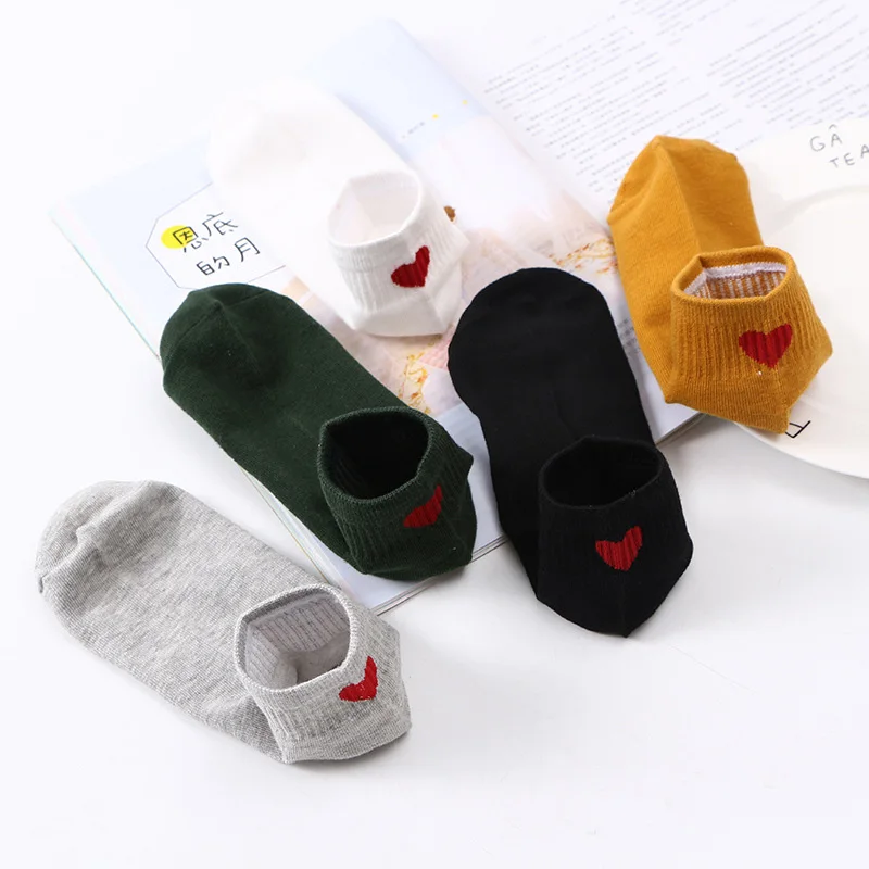 5 Pairs Spring Lovely Women Socks Love Pattern Solid Color Women Boat Socks Casual Comfortable Cotton Ankle Socks Shallow Mouth