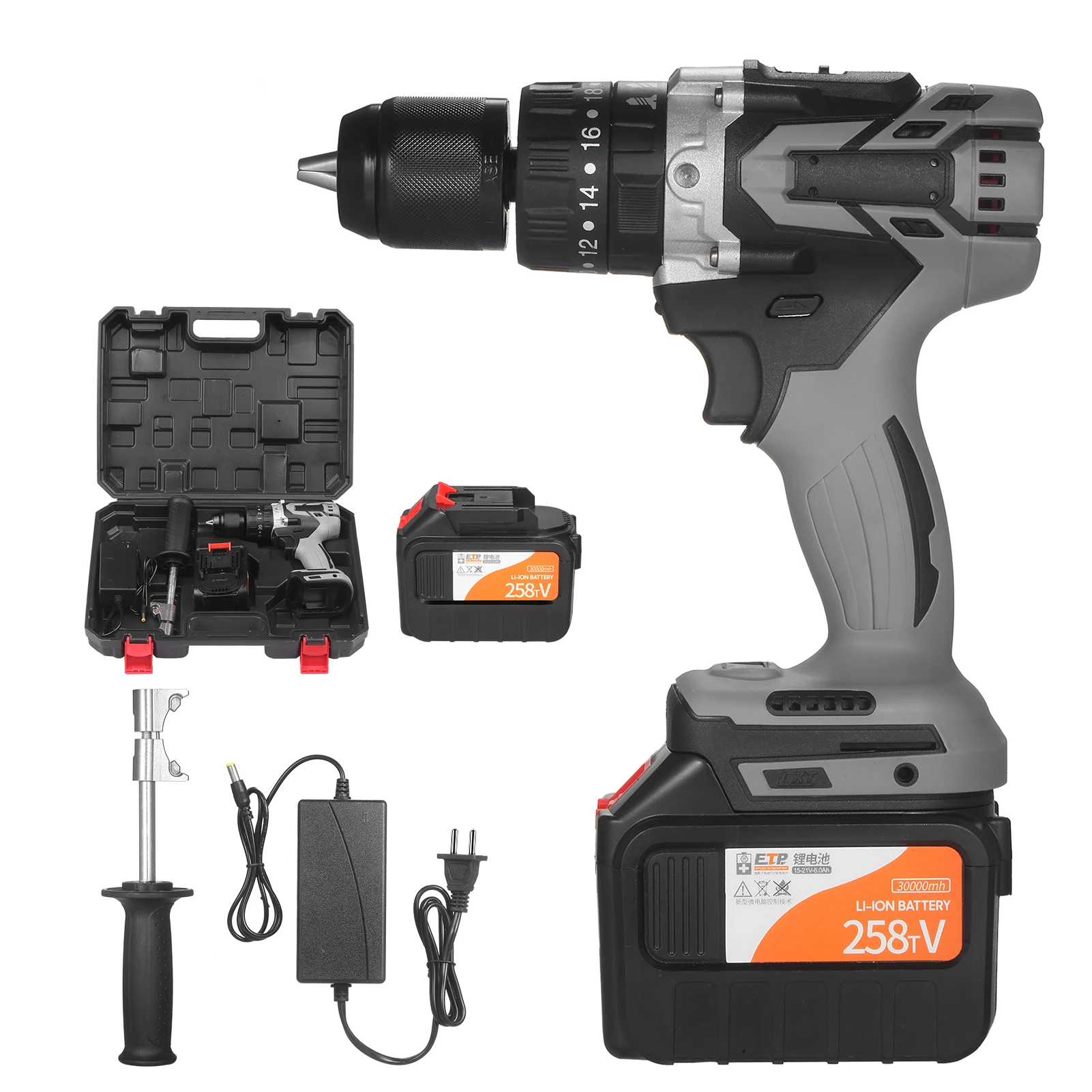 Home Cordless Electric Drill Driver 21V 6.0A Batteries Max Torque 200N.m Variable Speed Impact Hammer Drill Electric Screwdriver