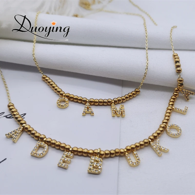 DUOYING 6 mm Pave Letter Necklaces Personalized Custom Name Jewelry Necklaces for Gift Unique Letter 3 mm Balls Necklaces Gifts