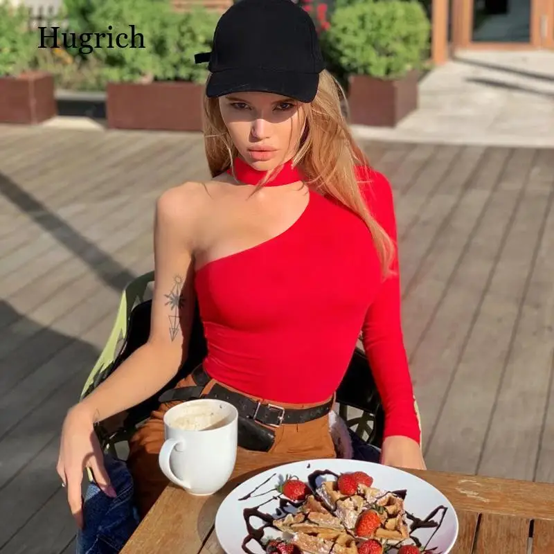 

One Shoulder Sexy Halter Bodysuit Women New Fashion 2021 Autumn Solid Bodycon Casual Long Sleeve Bodysuit