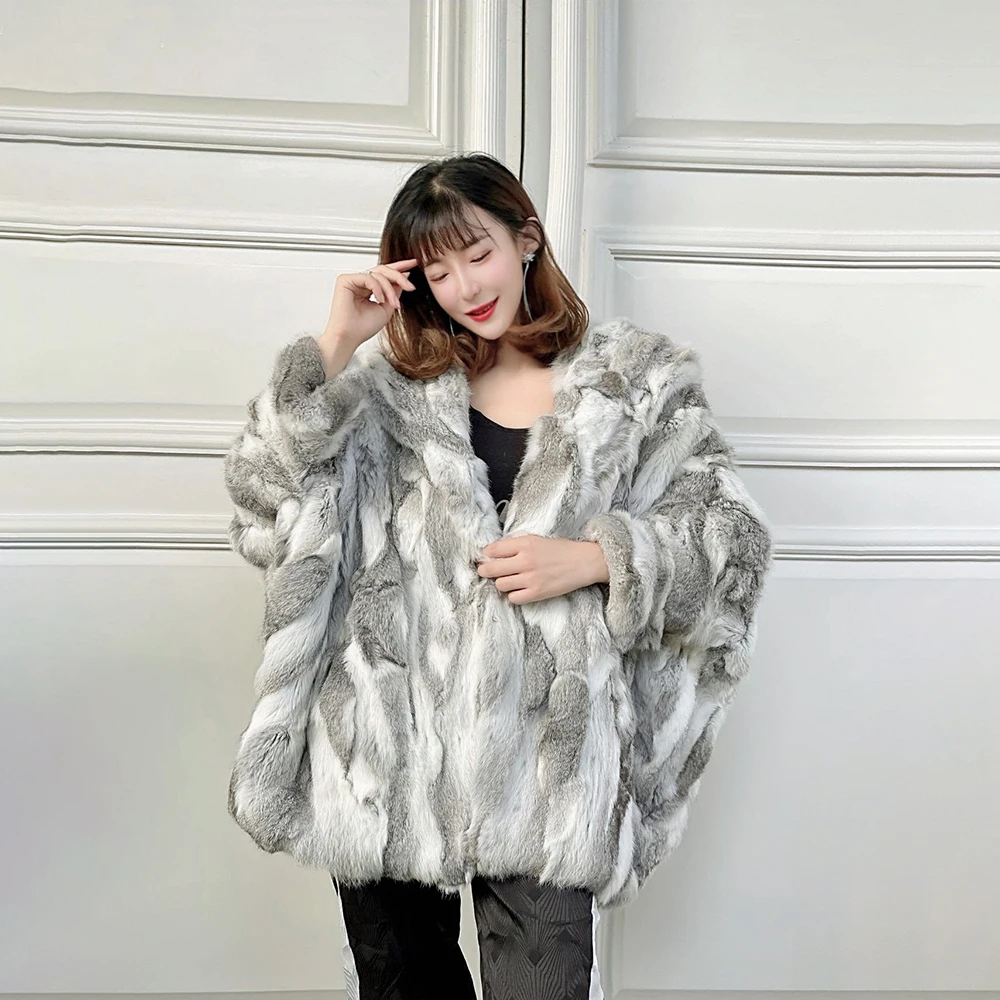 2021 New Real Featured Rabbits Fur Coats Women's Hooded Loose Wide Mid-length Coat Simple Street Warm Thick  Down Jacket