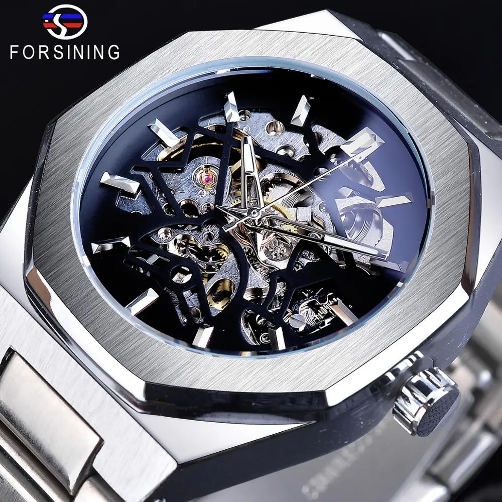 Forsining Steampunk Luxury Black Dial Mens Automatic Mechanical Wrist Watch Top Brand Luxury Male Clock Relogio Transparent Case