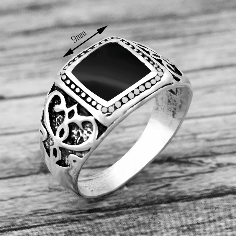 Punk Rock Vintage Heart Signet Ring Men Classicl Party Jewelry Male Wedding Black Men Square Enamel Ring