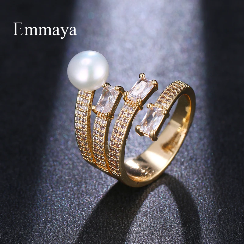 Emmaya Parallel Arrangement Geometry Zirconia With Pearl Fascinating Ring Adjustable Women And Girls Fashion Dress Up In Wedding