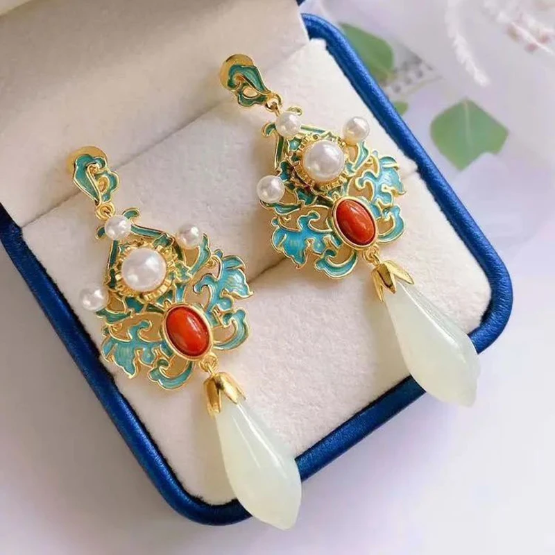 Natural Hetian White Magnolia enamel porcelain Earrings Chinese retro luxury elegant charm women's silver jewelry