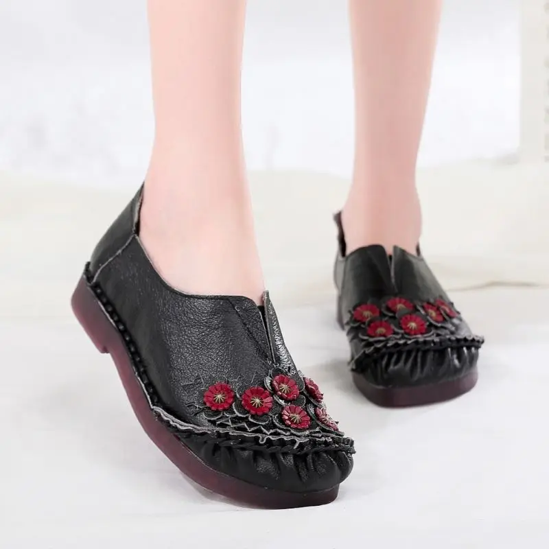 Orthopedic Real Leather Shoes Women's Ballet Flats Floral Moccasins Ladies Vintage Luxury Loafer Waterproof Wide Fit Chic Shoes