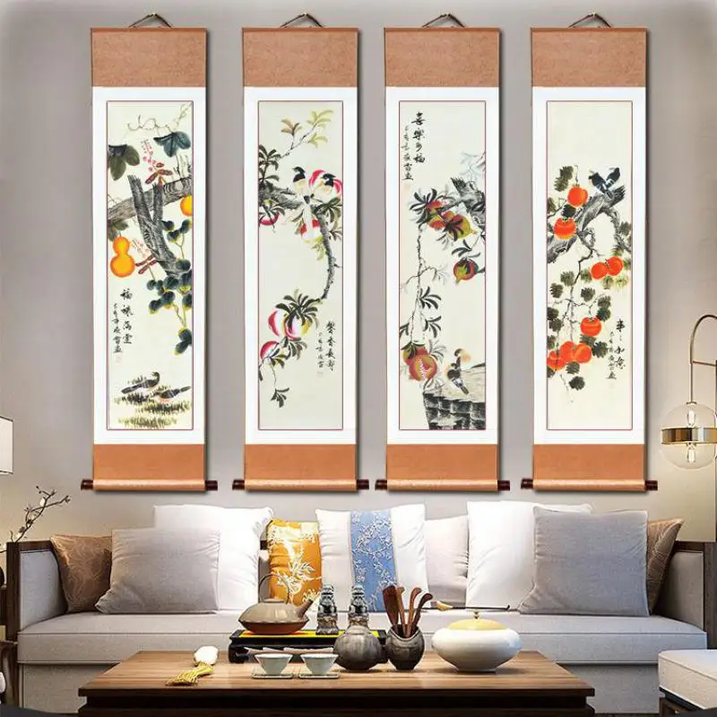 

Feng Shui Scroll Painting, Four Screens Calligraphy and Painting, Chinese Living Room Entrance Hanging Paintings, Antique